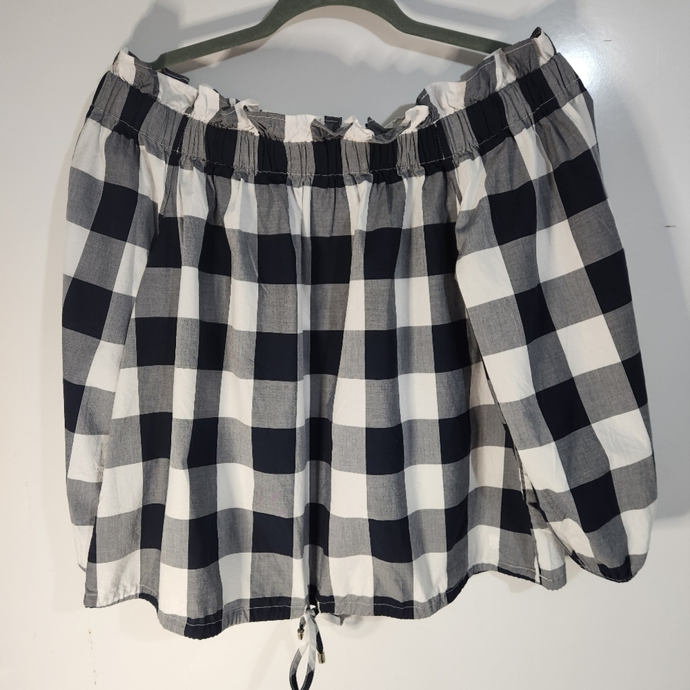 Navy and White Checkered Off-Shoulder Top From TOMMY HILFIGER, NWT, Size Large